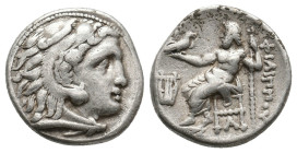 Kings of Macedon, Philip III Arrhidaeus (323-317 BC) AR Drachm (Silver, 4.18g, 18mm,) Kolophon, ca. 323-319 BC. 
Obv: Head of Heracles right, wearing ...