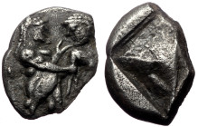 Thraco-Macedonian Region, Berge. AR Stater (Silver, 5.03 g 17 mm). Circa 525-480 BC.
Obv: Ithyphallic satyr standing to right, grasping right wrist of...