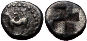 Thrace, Byzantion, AR Diobol, (Silver, 1.03 g 10 mm), Circa 416-357 BC.
Obv: Bull standing left, dolphin below.
Rev: 'ΠΥ, Quadripartite incuse square,...