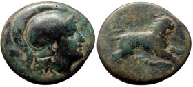 Kings of Thrace (Macedonian). Lysimachos, AE, (Bronze, 4.61 g 19 mm), 305-281 BC. Lysimacheia.
Obv: Helmeted head of Athena right.
Rev: [BAΣIΛΕΩΣ / ΛY...