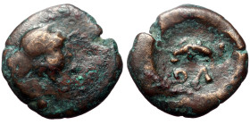 Skythia, Olbia (ca 230-225 BC) AE (Bronze, 3,24g, 17mm) 
Obv: Helmeted head of Athena to right 
Rev: Dolphin swimming to left; ΟΛ below. 
Ref: SNG BM ...
