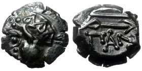 Cimmerian Bosporos, Pantikapaion (ca 304/3-250 BC) AE (Bronze, 2.42g, 16mm) 
Obv: Head of a satyr to left, wearing wreath of ivy and fruit. 
Rev: ΠΑΝ ...