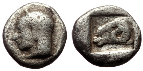 Troas, Kebren (5th century BC) AR obol (Silver, 0,62g, 8mm)
Obv: Archaic head of female left
Rev: Head of ram right within incuse square.
Ref: SNG Ari...