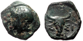 Troas, Assos AE (Bronze, 1.15, 11mm) 4th-3rd centuries BC 
Obv: Helmeted head of Athena left 
Rev: AΣ-ΣI, Bucranium. 
Ref: SNG Cop 241; BMC 8.