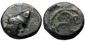 Troas, Birytis AE (Bronze, 1.34g, 10mm) ca 350-300 BC. 
Obv: Head of Kabeiros to left, wearing pilos. 
Rev: B-I/ P-Y Stylized triskeles. 
Ref: SNG Cop...