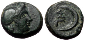 Troas, Sigeion, AE, (Bronze,1.08 g 9 mm), 4th-3rd centuries BC.
Obv: Helmeted head of Athena right.
Rev: Σ –[ Ι ] / Γ – [ Ε ], Crescent left within li...