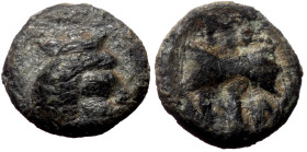 Troas, Tenedos? AE, (Bronze,0.38 g 8 mm), Circa Late 5th-early 4th century BC.
Obv: Bust of Artemis to right, wearing stephane
Rev: Labrys; T-E across...