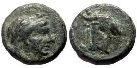 Aeolis, Aegae AE (Bronze, 1.21g, 10mm) ca 300-200 BC
Obv: Laureate head of Apollo right.
Rev: AIΓAE, Head of goat right.
Ref: SNG Copenhagen 1.