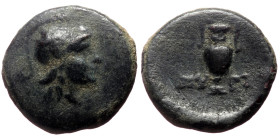 Aeolis, Myrina AE (Bronze, 1.13g, 11mm) 4th-3rd centuries BC. 
Obv: Helmeted head of Athena right 
Rev: MY-PI, Amphora. 
Ref: SNG München 570; SNG Cop...