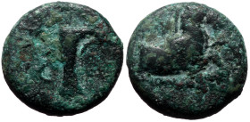 Aeolis, Kyme AE (Bronze, 7.52g, 20mm) ΔΙΟΝΥΣΙΟΣ (Dionysios), magistrate ca 320-250 BC.
Obv: Forepart of horse right, KY above, ΔΙΟΝΥCΙΟC below 
Rev: O...