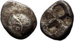 Ionia, Phocaea (ca. late 6th-early 5th centuries BC) AR diobol (Silver, 1.01g, 10mm)
Obv: Archaic styled female head left, wearing helmet or close fit...