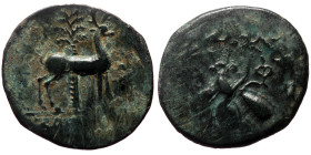Ionia, Ephesos AE (Bronze, 3.67g, 20mm) ca 202-133 BC Zophyros magistrate.
Obv: Ε - Φ, Bee within wreath.
Rev: ΞΩΠYPOΣ, Stag standing right; in backgr...