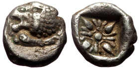 Ionia, Miletos (Late 6th-early 5th century BC) AR Diobol (Silver, 9mm, 1.04g). 
Obv: Forepart of a lion to right, head turned to left. 
Rev: Stellate ...