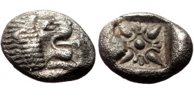 Ionia, Miletos (Late 6th-early 5th century BC) AR Diobol (Silver, 10mm, 1.04g). Obv: Forepart of a lion to right, head turned to left. 
Rev: Stellate ...