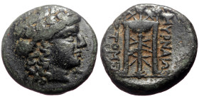 Ionia, Smyrna AE (Bronze, 12mm,1.56g) ca 301-288 BC unknown magistrate.
Obv: Laureate head of Apollo right.
Rev: MENANΔPOΣ ΣMYPNAIΩN, Tripod.
Ref: Mil...