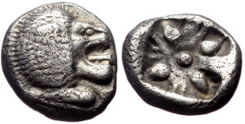 Ionia, Miletos, AR Obol or Hemihekte (Silver, 1.12 g 8 mm), Late 6th-early 5th century BC. 
Obv: Forepart of lion left, head right.
Rev: Stellate flor...