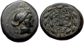 Lydia, Sardes, AE, (Bronze, 4.56 g 16 mm), 2nd-1st centuries BC. 
Obv: Laureate head of Apollo right.
Rev: ΣAPΔIA / NΩN, Club right within wreath; mon...