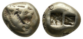 Lydian Kingdom, Alyattes to Kroisos Electrum Trite (Gold, 4.72g, 13mm), ca. 610-546 BC, Sardis. 
Obv: Head of roaring lion right, multiple-rayed sun o...