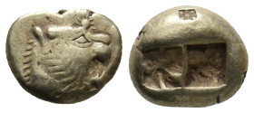 Lydian Kingdom, Alyattes to Kroisos Electrum Trite (Gold, 7.70g, 13mm), ca. 610-546 BC, Sardis. 
Obv: Head of roaring lion right, multiple-rayed sun o...