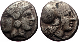 Mysia, Lampsakos (4th-3rd centuries BC) AR Diobol (Silver, 1.24g, 10mm) 
Obv: Janiform female head, wearing an earring. 
Rev: Head of Athena facing to...
