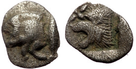 Mysia, Kyzikos (ca 450-400 BC) AR Hemiobol (Silver, 9mm, 0.30g). 
Obv: Forepart of boar left; to right, tunny upward 
Rev: Head of roaring lion left; ...