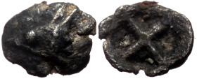 Mysia, Kyzikos (ca 600-550 BC) AR Hemitetartemorion (Silver, 4mm, 0.07g). 
Obv: Tunny head r. 
Rev: Quadripartite incuse square. 
Cf. Von Fritze IX 2;...