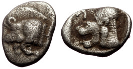 Mysia, Kyzikos (ca 450-400 BC) AR Diobol (Silver, 11mm, 0.78g) 
Obv: Forepart of boar to left; behind, tunny upward. 
Rev: K (retrograde) Head of roar...