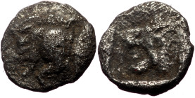 Mysia, Kyzikos (ca 450-400 BC) AR Tetartemorion (Silver, 6mm, 0.23g). 
Obv: Forepart of a boar to left; to right, tunny upward. 
Rev: Head of a lion t...