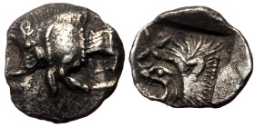 Mysia, Kyzikos (ca 450-400 BC) AR Hemiobol (Silver, 9mm, 0.41g) 
Obv: Forepart of boar left; to right, tunny upward 
Rev: Head of roaring lion left; s...