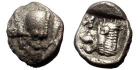 Mysia, Kyzicos (ca. 450-400 BC) AR Obol (Silver, 0.80g, 10mm) 
Obv: Forepart of boar left; to right, tunny upward 
Rev: Head of roaring lion left; ret...