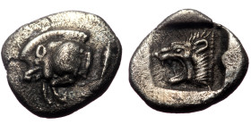 Mysia, Kyzikos (ca 450-400 BC) AR Diobol (Silver,11mm, 1.03g) 
Obv: Forepart of boar left; behind, tunny upward 
Rev: Head of roaring lion left within...
