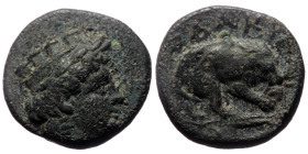 Mysia, Plakia (4th century BC) AE (Bronze, 1.70g, 12mm)
Obv: Turreted head of Kybele right
Rev: ΠΛΑΚΙΑ, Lion, devouring prey, standing right on grain ...