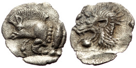 Mysia, Kyzikos, ca 450-400 BC AR Hemiobol (Silver, 10mm, 0.24g) 
Obv: Forepart of boar left; to right, tunny upward 
Rev: Head of roaring lion left; s...