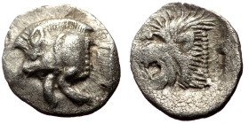 Mysia, Kyzikos (ca 525-475 BC) AR Hemiobol (Silver, 0.35g, 10mm)
Obv: Forepart of boar left with tall mane and dotted truncation; to right, tunny 
Rev...
