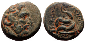 Mysia, Pergamon (Mid-late 2nd century BC) AE (Bronze, 9.49g, 19mm)
Obv: Laureate head of Asklepios right, Rev: ΑΣΚΛΗΠΙΟΣ / ΣΩΤΗΡΟΣ.
Rev: Serpent coile...