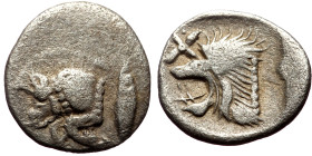 Mysia, Kyzikos (ca 450-400 BC) AR Hemiobol (Silver, 9mm, 0.31g) 
Obv: Forepart of boar left; to right, tunny upward 
Rev: Head of roaring lion left; s...
