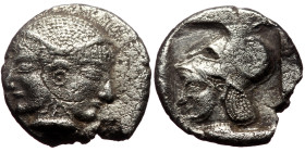 Mysia, Lampsakos (ca 510-490 BC) AR Diobol (Silver, 11mm, 1.14g) "Troad" standard. 
Obv: Janiform female heads 
Rev: Helmeted head of Athena left with...