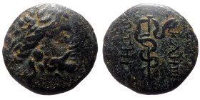 Mysia, Pergamon (200-113 BC) AE (Bronze, 17mm, 3.37g) 
Obv: Laureate head of Aesclepios (or Zeus) right 
Rev: ΑΣ - ΚΛΗΠ[ΙΟΥ] / ΣΩΤΗΡ[ΟΣ], legend verti...