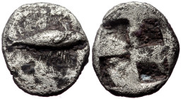 Mysia, Kyzikos, AR Hemiobol, (Silver, 0.61g, 9mm) ca 520-480 BC. 
Obv: Tunny fish swimming right.
Rev: Quadripartite incuse square.
Ref: Von Fritze, N...