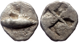 Mysia, Kyzikos, AR Hemiobol, (Silver, 0.60 g 8 mm), Circa 520-480 BC. 
Obv: Tunny fish swimming left.
Rev: Quadripartite incuse square.
Ref:Von Fritze...