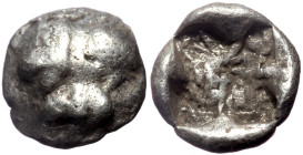 Mysia, Uncertain mint(Parion?). AR Obol, (Silver, 0.87 g 9 mm), 5th century BC.
Obv: Facing head of a lion.
Rev: Quadripartite incuse square with ra...