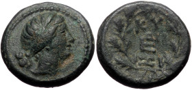 Mysia, Kyzikos, AE, (Bronze, 5.79 g 18 mm), Circa 200-100 BC. 
Obv: Head of Kore right.
Rev: KY ZI in a monogram, within oak wreath.
Ref: BMC 151.