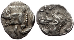 Mysia, Kyzikos, AR Hemiobol, (Silver, 0.38 g 10 mm) ca 450-400 BC.
Obv: Forepart of boar left; to right, tunny upward.
Rev: Head of roaring lion left;...