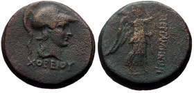 Mysia, Pergamon, AE, (Bronze, 9.92 g 20 mm), Mid-late 2nd century BC.
Obv:XOPEIOY, Head of Athena right, wearing Attic crested helmet.
Rev: ΠΕΡΓΑΜΗΝ...