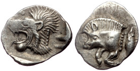 Mysia, Kyzikos, AR Hemiobol, (Silver, 0.39 g 9 mm), Circa 450-400 BC. 
Obv: Forepart of boar left; to right, tunny upward.
Rev: Head of roaring lion l...