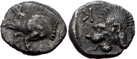 Mysia, Kyzikos, AR Hemiobol, (Silver,0.73 g 8 mm), Circa 525-475 BC. 
Obv: Forepart of boar left with tall mane and dotted truncation; to right, tunny...
