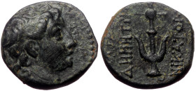 Seleukid Kingdom. Demetrios II Nikator, AE,(Bronze,4.20 g 15 mm),1st reign 146-138 BC. Seleukeia in Pieria?.
Obv: Diademed head of Demetrios II right ...