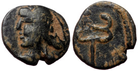 Kings of Parthia, Uncertain, AE (Bronze, 0.83 g, 10 mm). Circa 1st century BC- 1st century AD. 
Obv: Diademed bust right.
Rev: Caduceus in dotted bord...