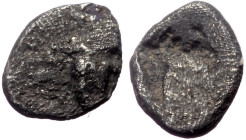 Asia Minor, Uncertain mint, Hemitetartemorion AR, (Silver, 0.09 g 5 mm),Circa 5th century BC.
Obv: Male head right
Rev: incuse.