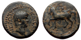 *Extremelly rare* Macedon, Thessalonica AE (Bronze, 2.97g, 16mm) Nero (Caesar, 50-54)
Obv: Bare head right
Rev: Horse trotting left; above, star, be...